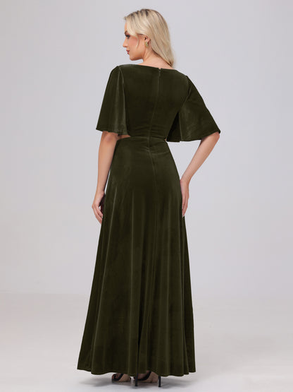 Short Sleeves Chest Tie A-line Velvet Bridesmaid Dresses