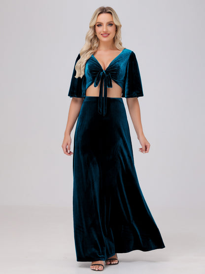 Short Sleeves Chest Tie A-line Velvet Bridesmaid Dresses