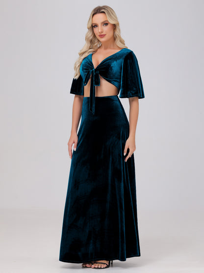 Short Sleeves Chest Tie A-line Velvet Bridesmaid Dresses