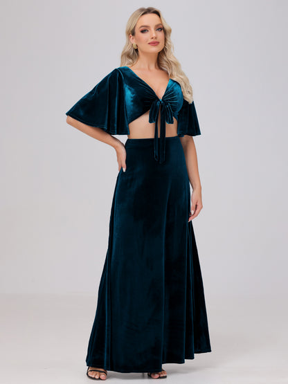 Short Sleeves Chest Tie A-line Velvet Bridesmaid Dresses