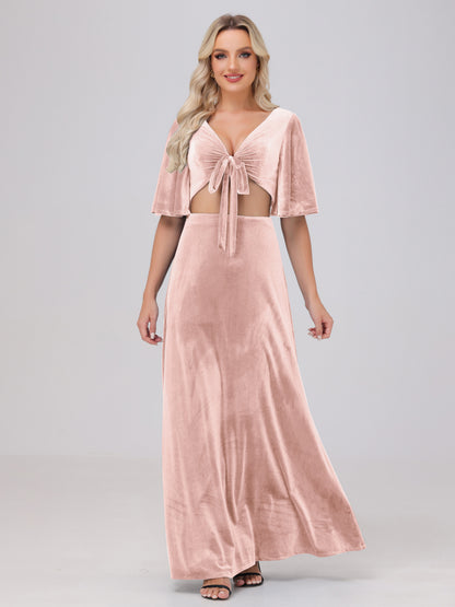 Short Sleeves Chest Tie A-line Velvet Bridesmaid Dresses
