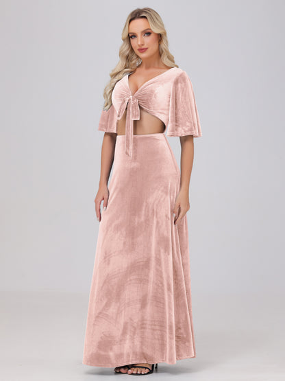Short Sleeves Chest Tie A-line Velvet Bridesmaid Dresses