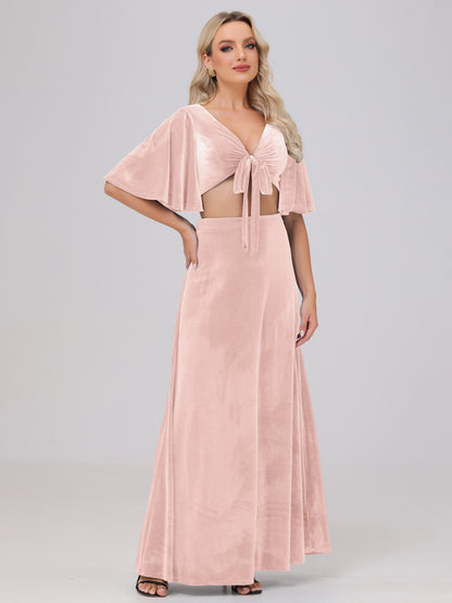 Short Sleeves Chest Tie A-line Velvet Bridesmaid Dresses