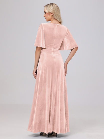 Short Sleeves Chest Tie A-line Velvet Bridesmaid Dresses