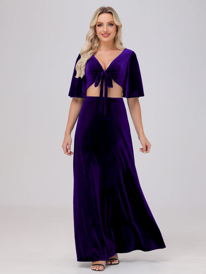Short Sleeves Chest Tie A-line Velvet Bridesmaid Dresses