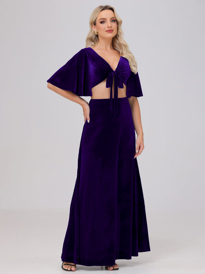 Short Sleeves Chest Tie A-line Velvet Bridesmaid Dresses