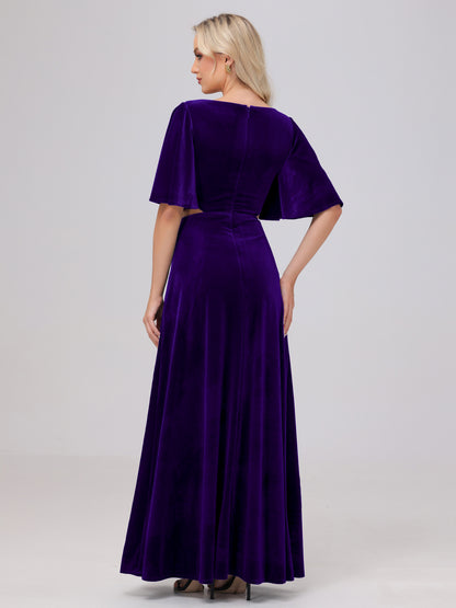 Short Sleeves Chest Tie A-line Velvet Bridesmaid Dresses