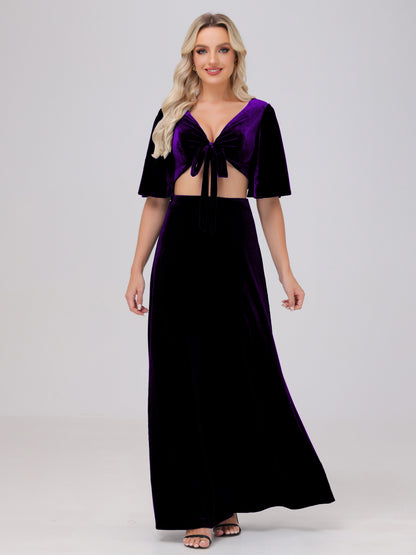 Short Sleeves Chest Tie A-line Velvet Bridesmaid Dresses