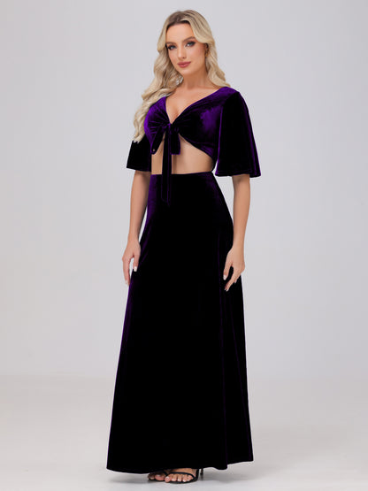 Short Sleeves Chest Tie A-line Velvet Bridesmaid Dresses