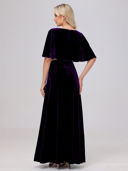 Short Sleeves Chest Tie A-line Velvet Bridesmaid Dresses