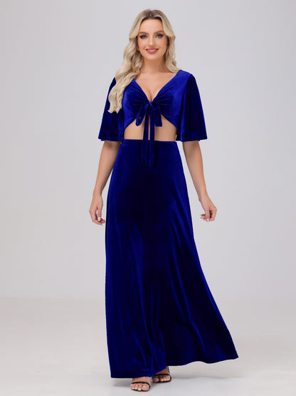 Short Sleeves Chest Tie A-line Velvet Bridesmaid Dresses