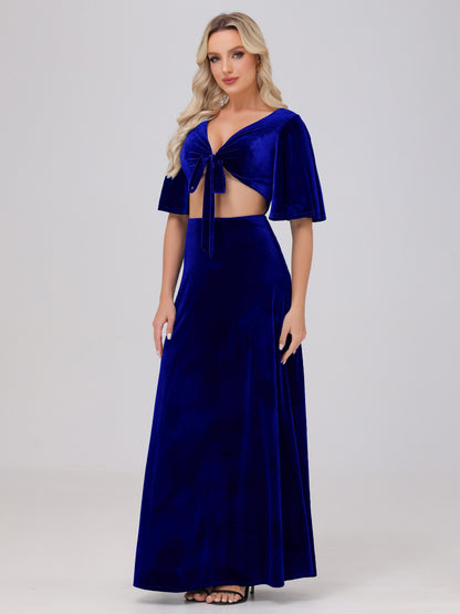 Short Sleeves Chest Tie A-line Velvet Bridesmaid Dresses