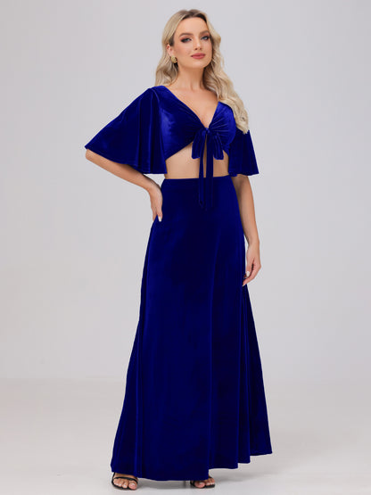Short Sleeves Chest Tie A-line Velvet Bridesmaid Dresses