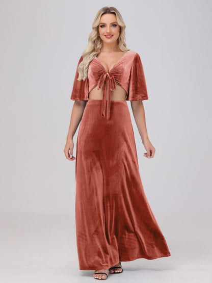 Short Sleeves Chest Tie A-line Velvet Bridesmaid Dresses
