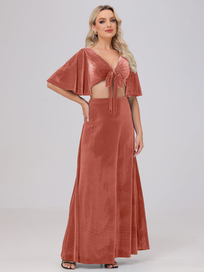Short Sleeves Chest Tie A-line Velvet Bridesmaid Dresses