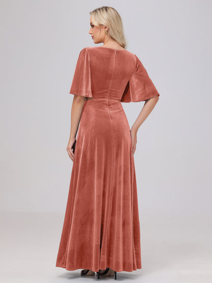 Short Sleeves Chest Tie A-line Velvet Bridesmaid Dresses