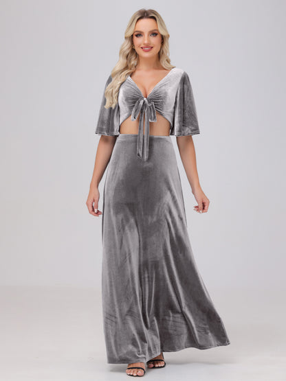 Short Sleeves Chest Tie A-line Velvet Bridesmaid Dresses