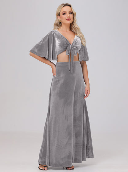Short Sleeves Chest Tie A-line Velvet Bridesmaid Dresses