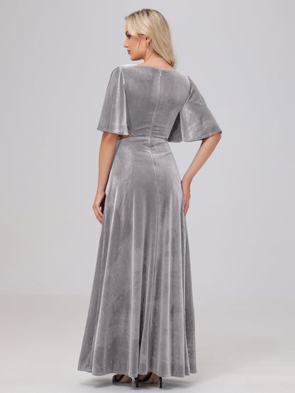 Short Sleeves Chest Tie A-line Velvet Bridesmaid Dresses
