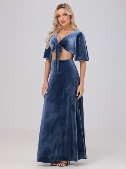 Short Sleeves Chest Tie A-line Velvet Bridesmaid Dresses