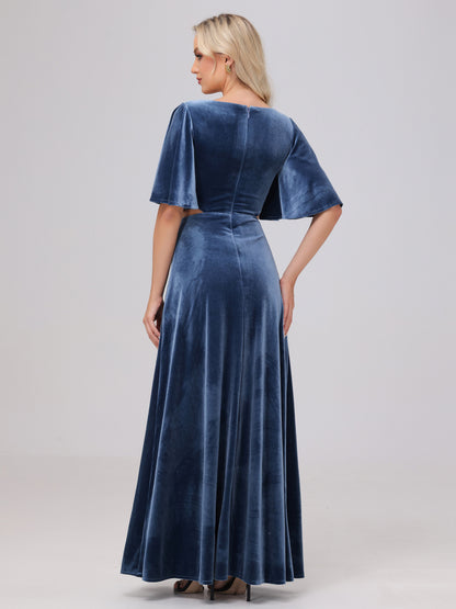 Short Sleeves Chest Tie A-line Velvet Bridesmaid Dresses