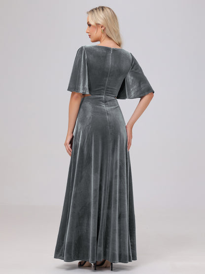 Short Sleeves Chest Tie A-line Velvet Bridesmaid Dresses