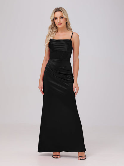 Spaghetti Straps Ruched Floor Length Stretch Satin Bridesmaid Dresses