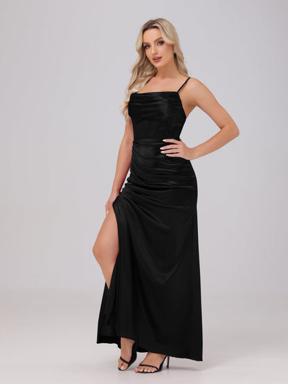 Spaghetti Straps Ruched Floor Length Stretch Satin Bridesmaid Dresses