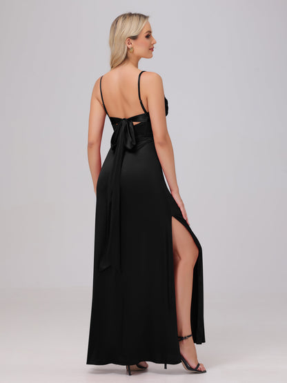 Spaghetti Straps Ruched Floor Length Stretch Satin Bridesmaid Dresses
