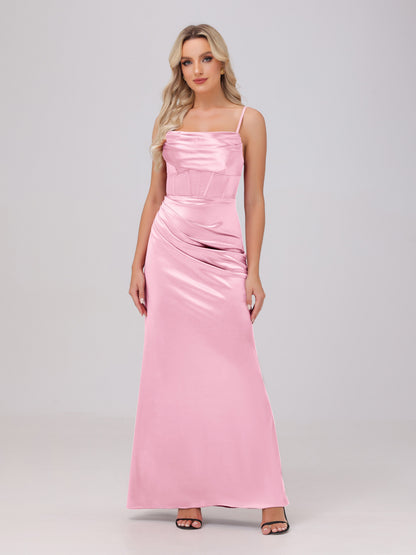 Spaghetti Straps Ruched Floor Length Stretch Satin Bridesmaid Dresses