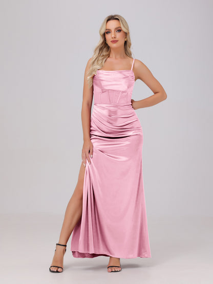 Spaghetti Straps Ruched Floor Length Stretch Satin Bridesmaid Dresses