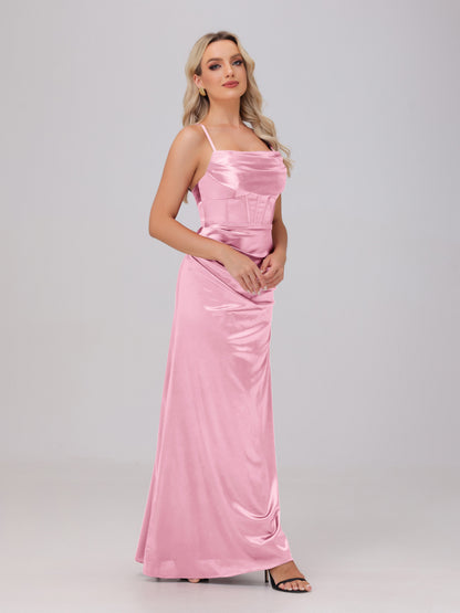 Spaghetti Straps Ruched Floor Length Stretch Satin Bridesmaid Dresses