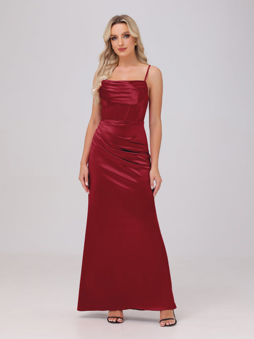 Spaghetti Straps Ruched Floor Length Stretch Satin Bridesmaid Dresses