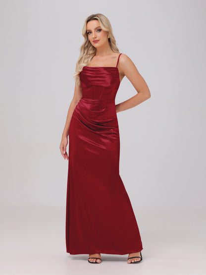 Spaghetti Straps Ruched Floor Length Stretch Satin Bridesmaid Dresses