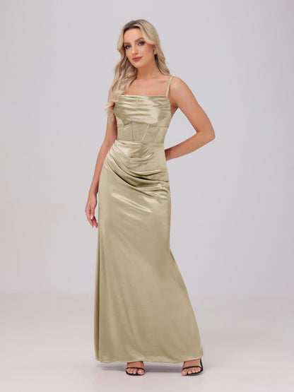 Spaghetti Straps Ruched Floor Length Stretch Satin Bridesmaid Dresses