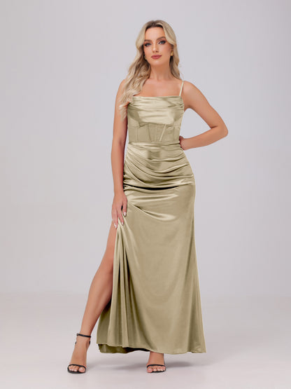 Spaghetti Straps Ruched Floor Length Stretch Satin Bridesmaid Dresses