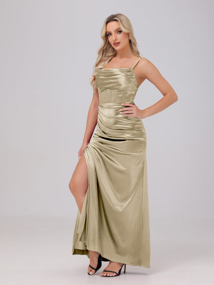 Spaghetti Straps Ruched Floor Length Stretch Satin Bridesmaid Dresses