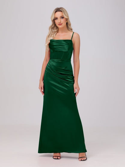 Spaghetti Straps Ruched Floor Length Stretch Satin Bridesmaid Dresses