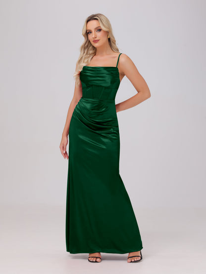 Spaghetti Straps Ruched Floor Length Stretch Satin Bridesmaid Dresses