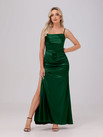 Spaghetti Straps Ruched Floor Length Stretch Satin Bridesmaid Dresses