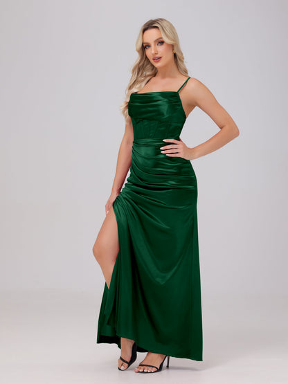 Spaghetti Straps Ruched Floor Length Stretch Satin Bridesmaid Dresses