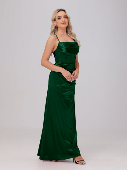 Spaghetti Straps Ruched Floor Length Stretch Satin Bridesmaid Dresses