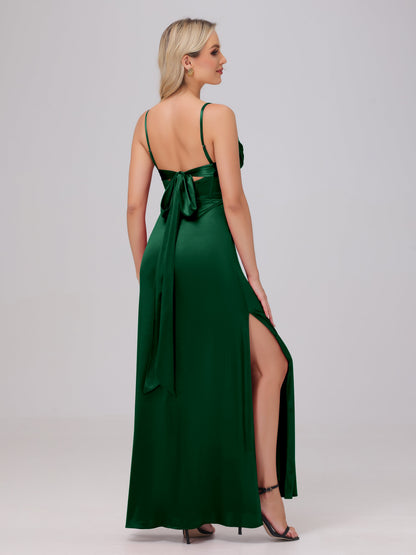 Spaghetti Straps Ruched Floor Length Stretch Satin Bridesmaid Dresses