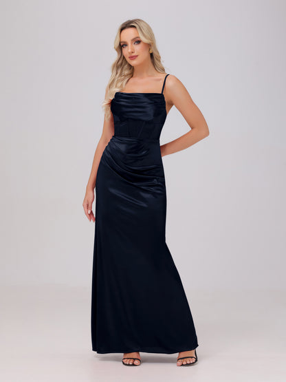 Spaghetti Straps Ruched Floor Length Stretch Satin Bridesmaid Dresses