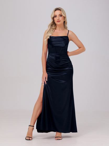 Spaghetti Straps Ruched Floor Length Stretch Satin Bridesmaid Dresses