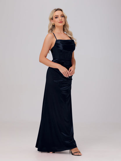 Spaghetti Straps Ruched Floor Length Stretch Satin Bridesmaid Dresses