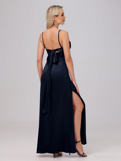 Spaghetti Straps Ruched Floor Length Stretch Satin Bridesmaid Dresses