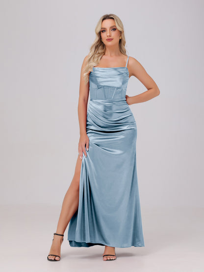 Spaghetti Straps Ruched Floor Length Stretch Satin Bridesmaid Dresses