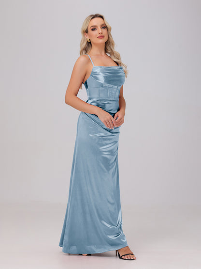 Spaghetti Straps Ruched Floor Length Stretch Satin Bridesmaid Dresses