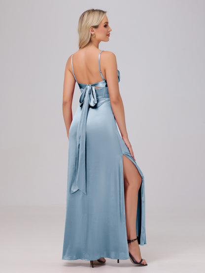 Spaghetti Straps Ruched Floor Length Stretch Satin Bridesmaid Dresses